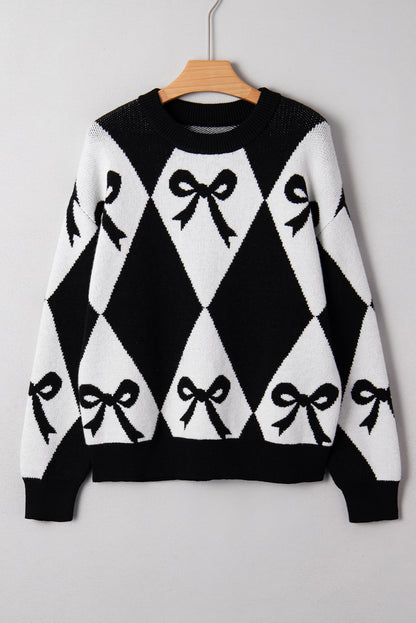 Black Bow Print 2-tone Rhombus Knit Loose Sweater