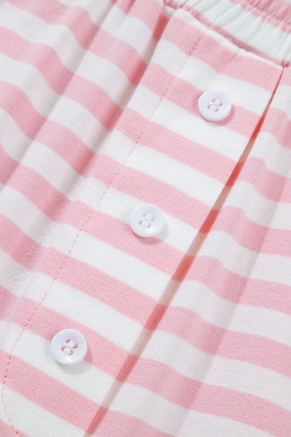 Rose Stripe Drop Shoulder Round Neck Top and Buttoned Straight Pants Two Piece Set