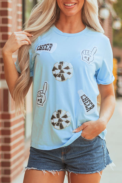 Light Blue Cheer Game Day Element Sequin Patched T Shirt