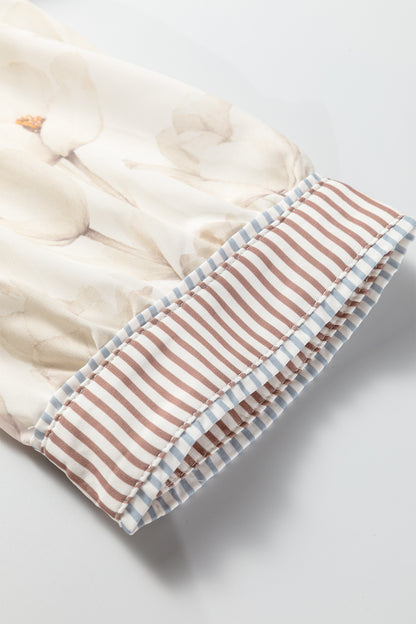 Khaki Plus Size Floral Print Striped Trim Patchwork Button Down A-line Dress