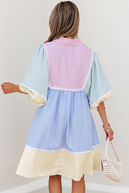Multicolour Striped Patchwork Ric Rac Puff Sleeve Collared Mini Dress