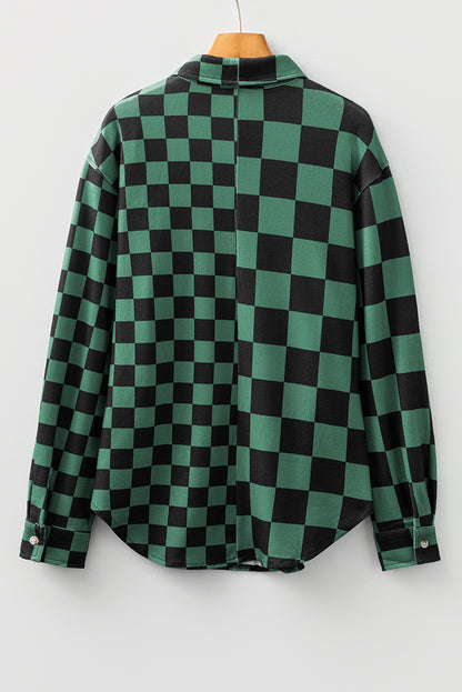 Black Checkerboard Flap Pocket Button Front Shacket