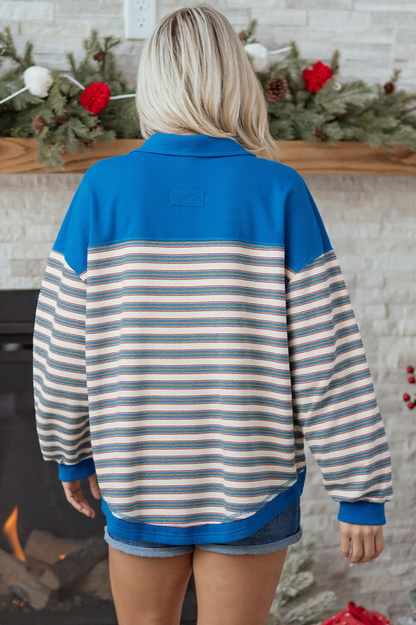 Red Stripe Buttoned V Neck Collared Drop Shoulder Top