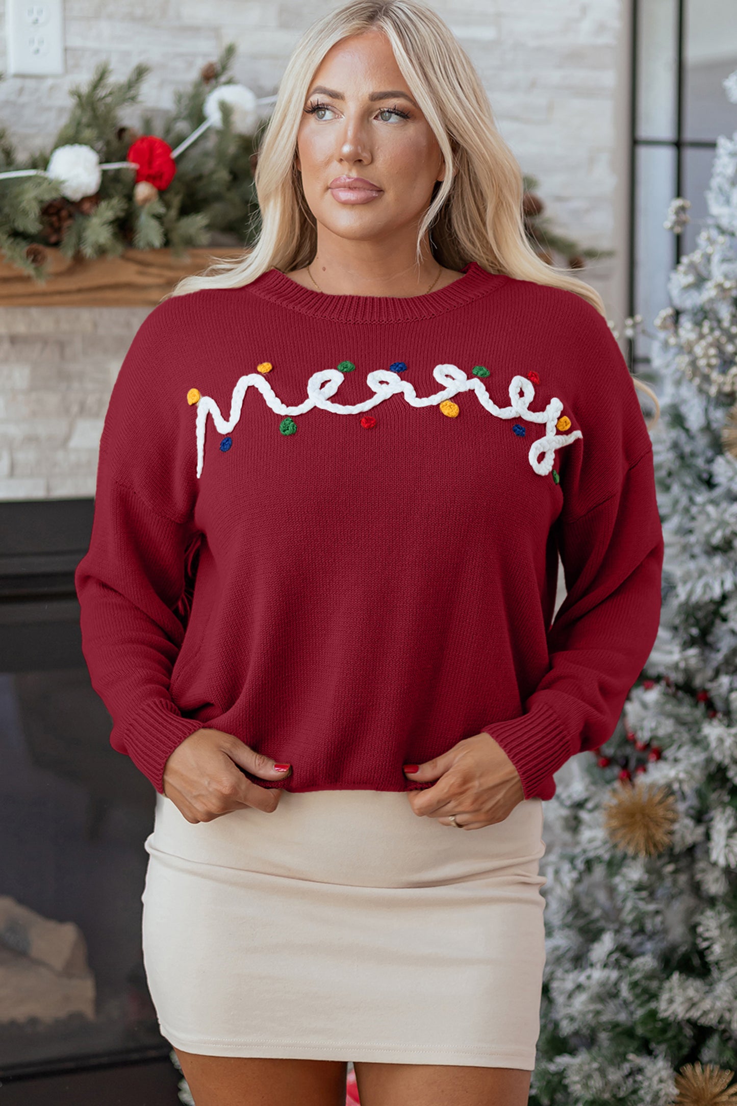 Racing Red Merry Colorful Dot Detail Christmas Drop Shoulder Sweater