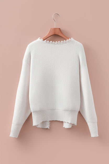 White Pearl Embellished Open Front Elegant Cardigan