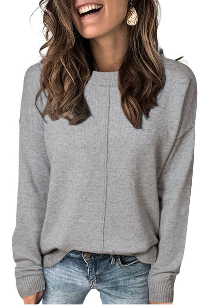 Gray Front Center Seam Drop Shoulder Pullover Solid Sweater