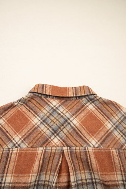 Brown Plaid Print Flap Pocket Buttoned Plus Size Shacket