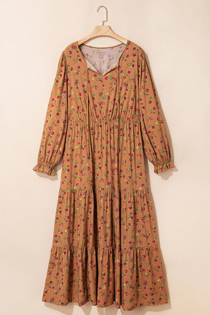 Brown Plus Size Floral Split V Neck Ruffled Sleeve Tiered Maxi Dress