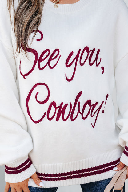 Light Grey See You Cowboy Embroidered Western Graphic Sweater