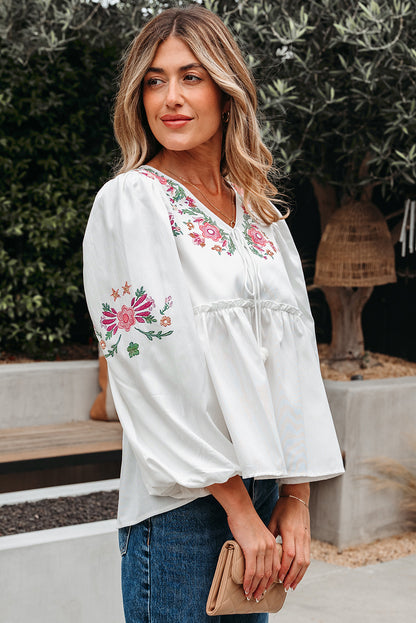 White Flower Lace-up V Neck Babydoll Blouse