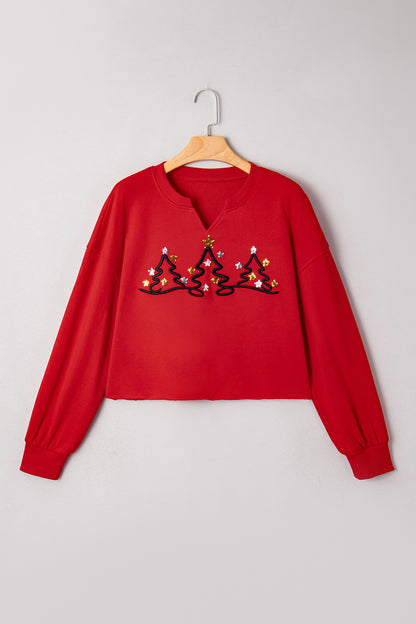 Tomato Red Christmas Tree Embroidered Notched Neck Cropped Sweatshirt