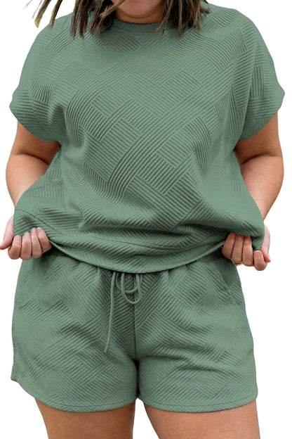 Mineral Blue Plus Size Textured Short Sleeve Top Drawstring Shorts Set