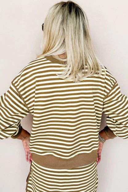 Brown Stripe Textured Drop Shoulder Pullover Top Drawstring Mini Skirt Two Piece Dress Set