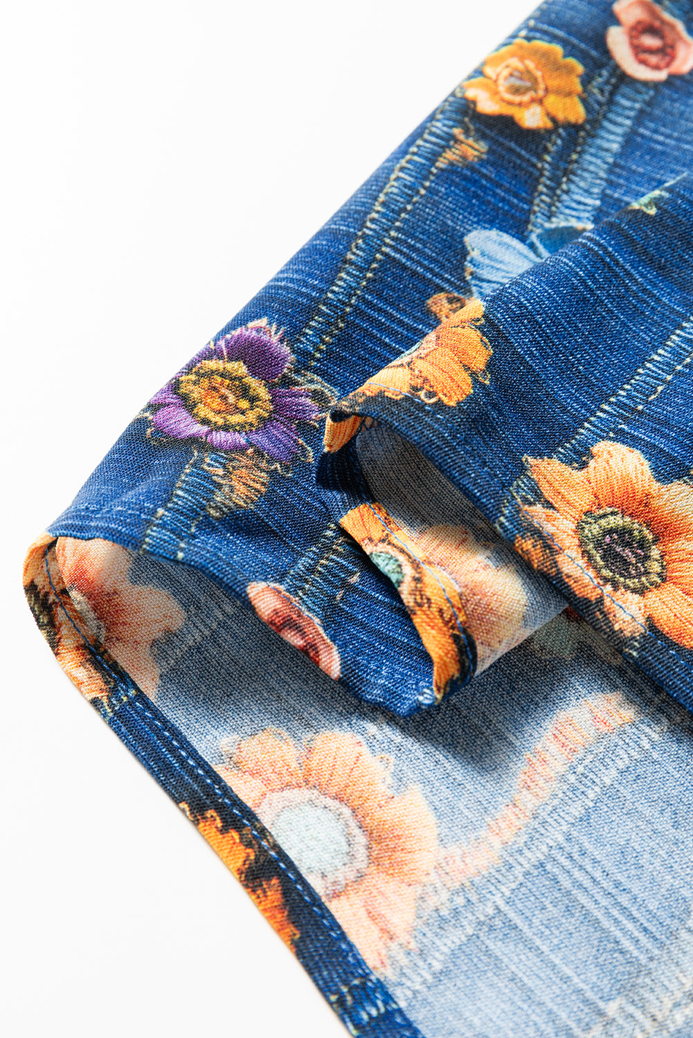 Blue Floral Collared V Neck Roll up Sleeve Shift Blouse