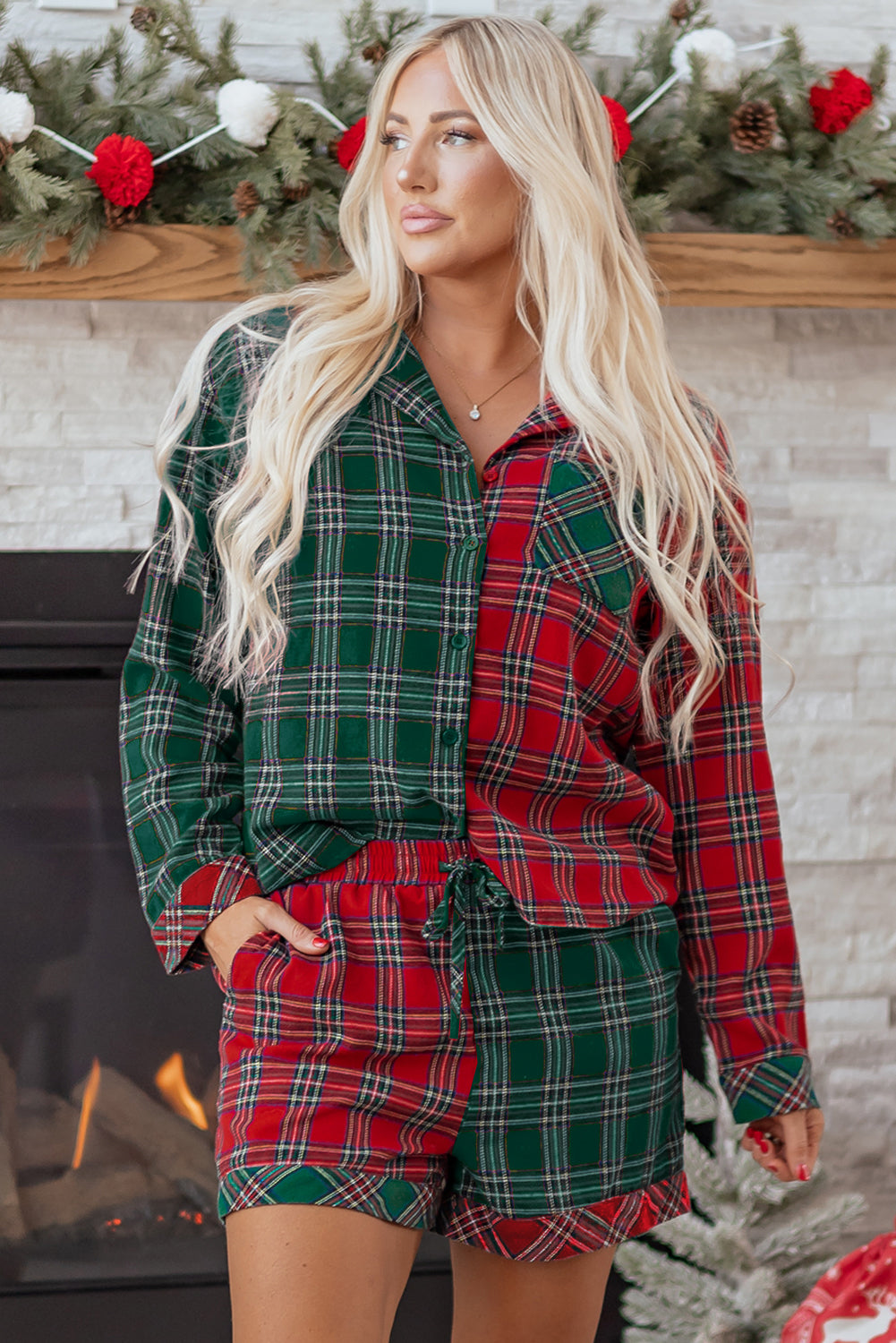 Red Plaid Contrast Patched Christmas Holiday Long Sleeve Shirt and Short 2pcs Pajama Set