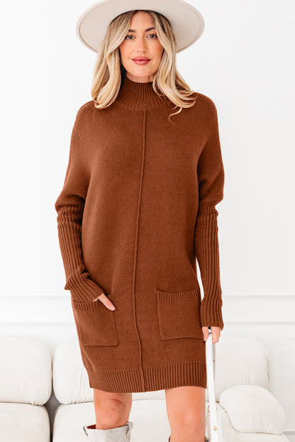 Chestnut Ribbed High Neck Front Pockets Center Seam Shift Sweater Dress