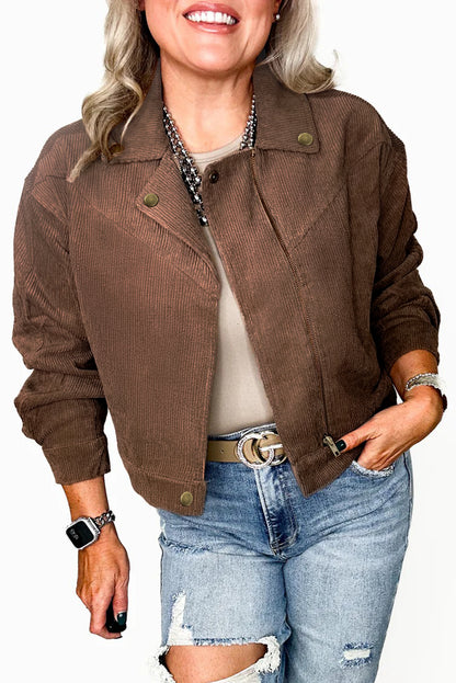 Dark Khaki Button Zip Up Lapel Collar Corduroy Jacket