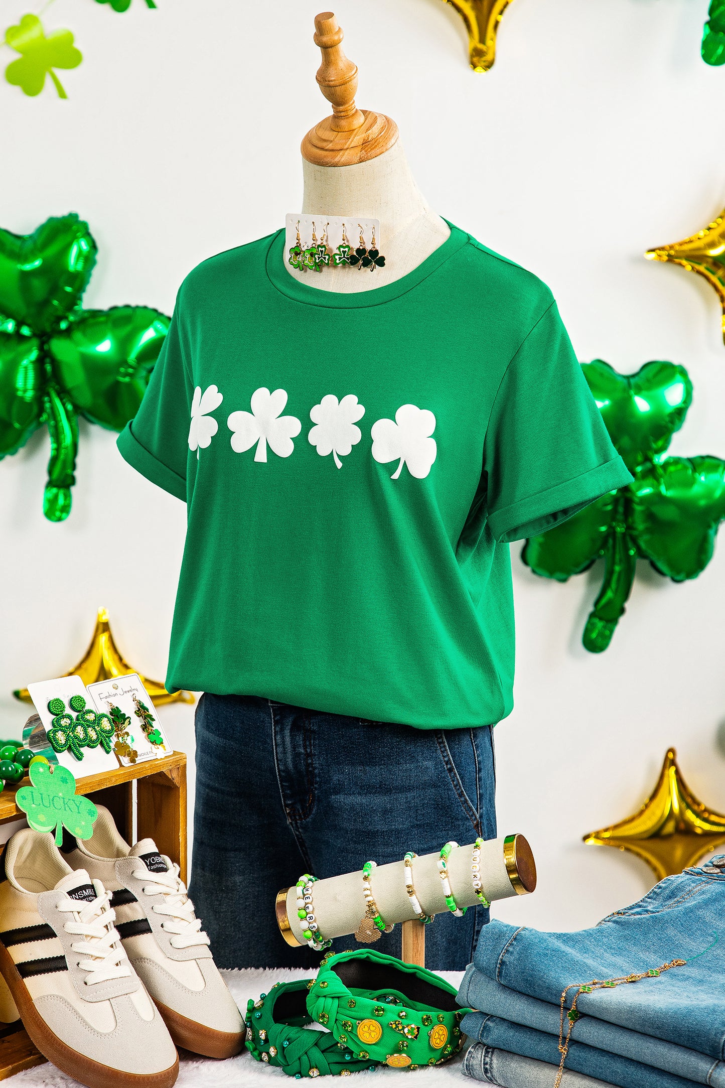 Bright Green St Patricks Day Clover Printed Casual T Shirt
