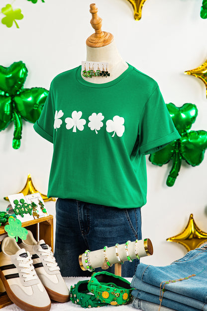 Bright Green St Patricks Day Clover Printed Casual T Shirt
