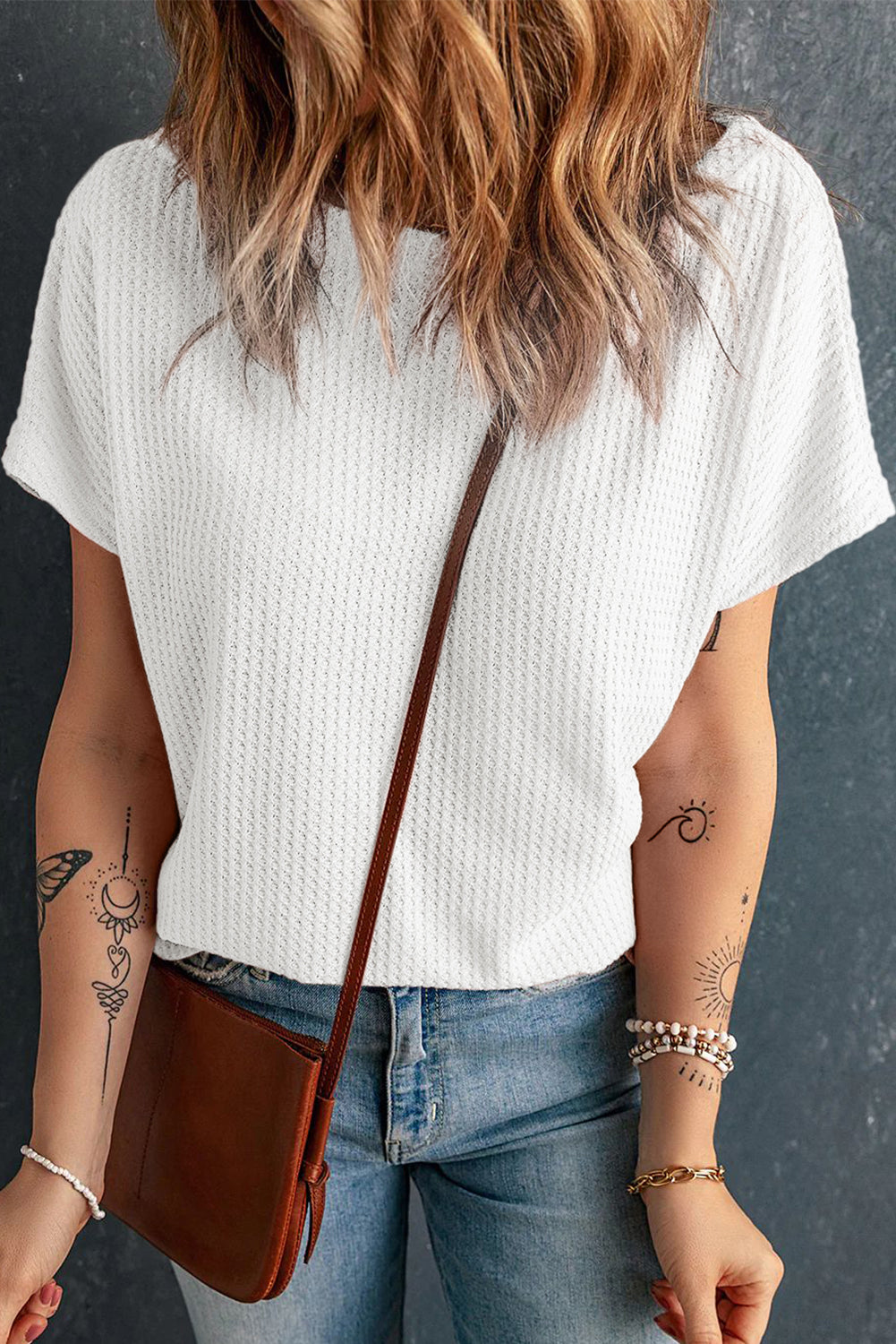 Black Waffle Knit Boat Neck Short Sleeve Top