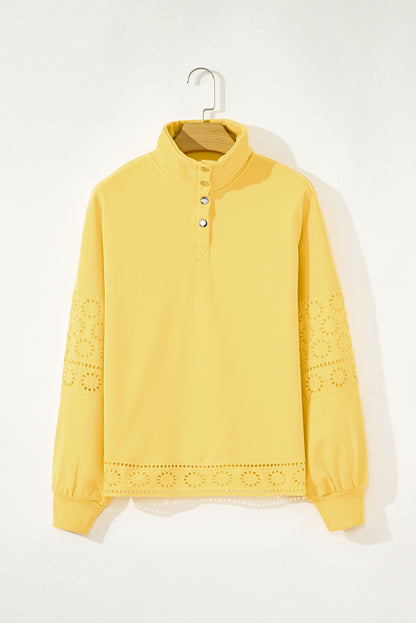 Yellow Cream Embroidered Flower Patchwork Snap Buttons Pullover Sweatshirt