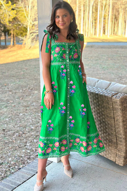 Green Floral Print Contrast Trim Knotted Straps Midi Dress