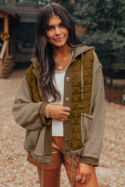 Beige Quilted Textured Patchwork Loose Fit Hooded Jacket
