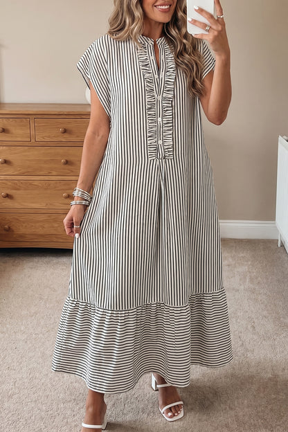 Red Stripe Frilled Detail Half Buttons Short Sleeve Long Dress