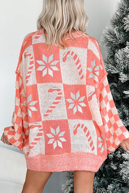 Pink Candycane Snowflake Checker Christmas Holiday Drop Shoulder Tunic Loose Sweater