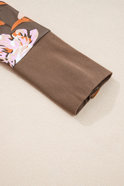 Brown Floral Print Waffle Textured Long Sleeve Top