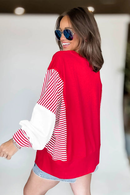 Dark Blue Striped Patchwork Sleeve Colorblock Sweatshirt