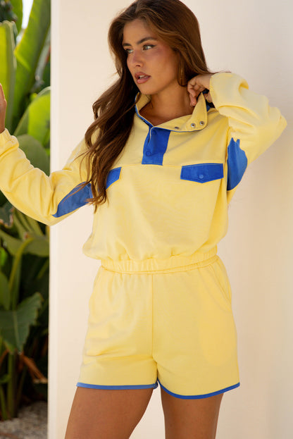 Yellow Color Block Patchwork Half Button Pullover and Shorts 2pcs Outfit