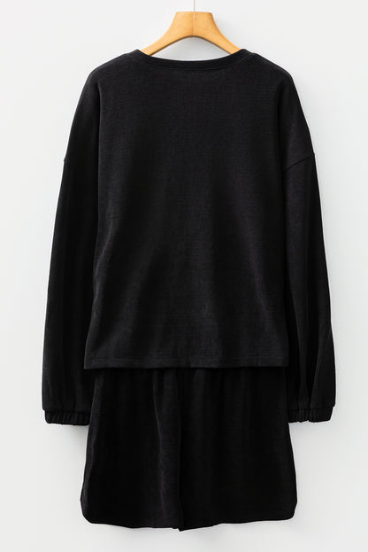 Black Solid Color Textured Knit Drop Shoulder Pullover Drawstring Shorts Set