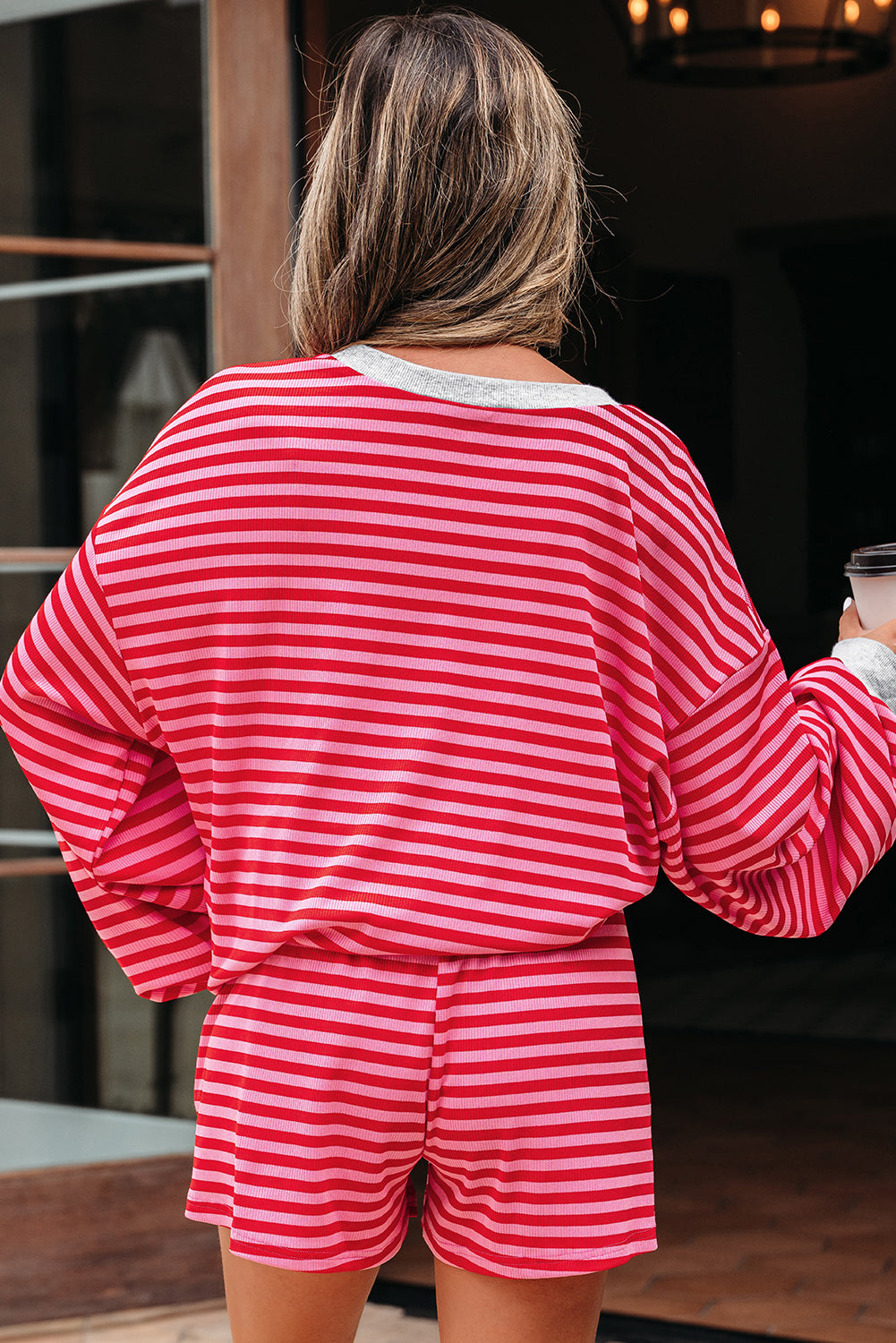 Red Stripe Drop Shoulder Baggy Pullover and Shorts Casual Set