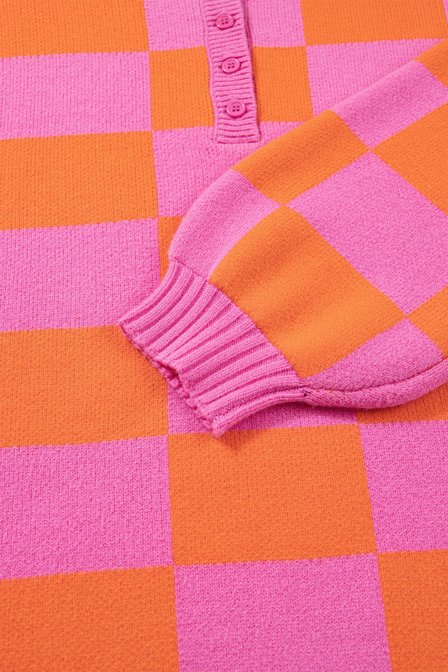 Sachet Pink Checkered Knit Polo Collar Baggy Sweater