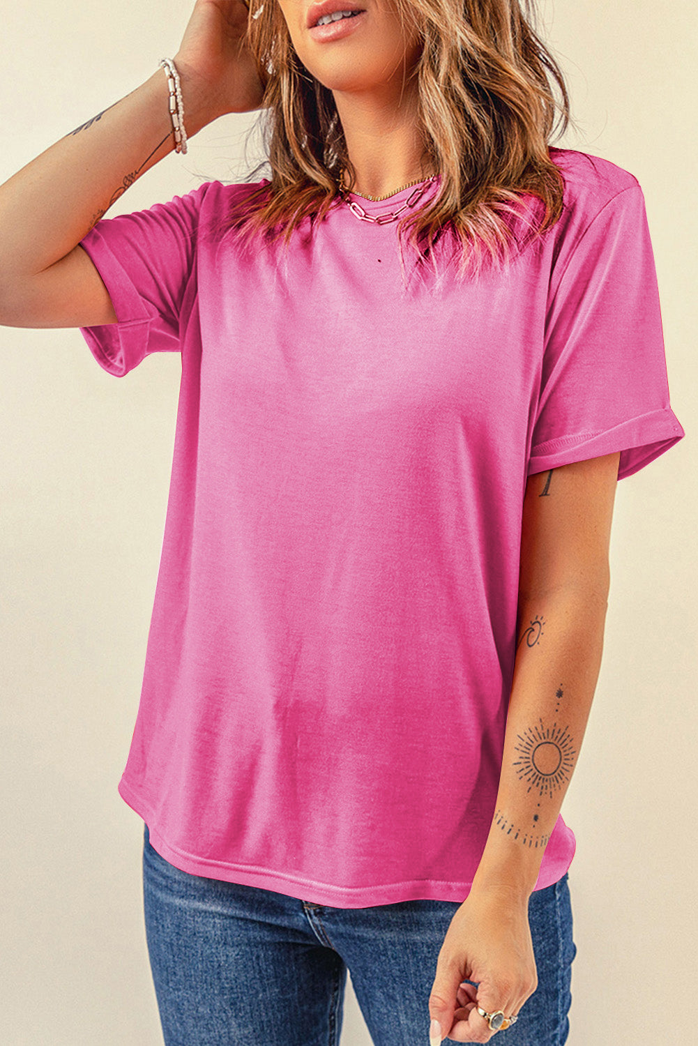 Red Casual Plain Crew Neck Tee