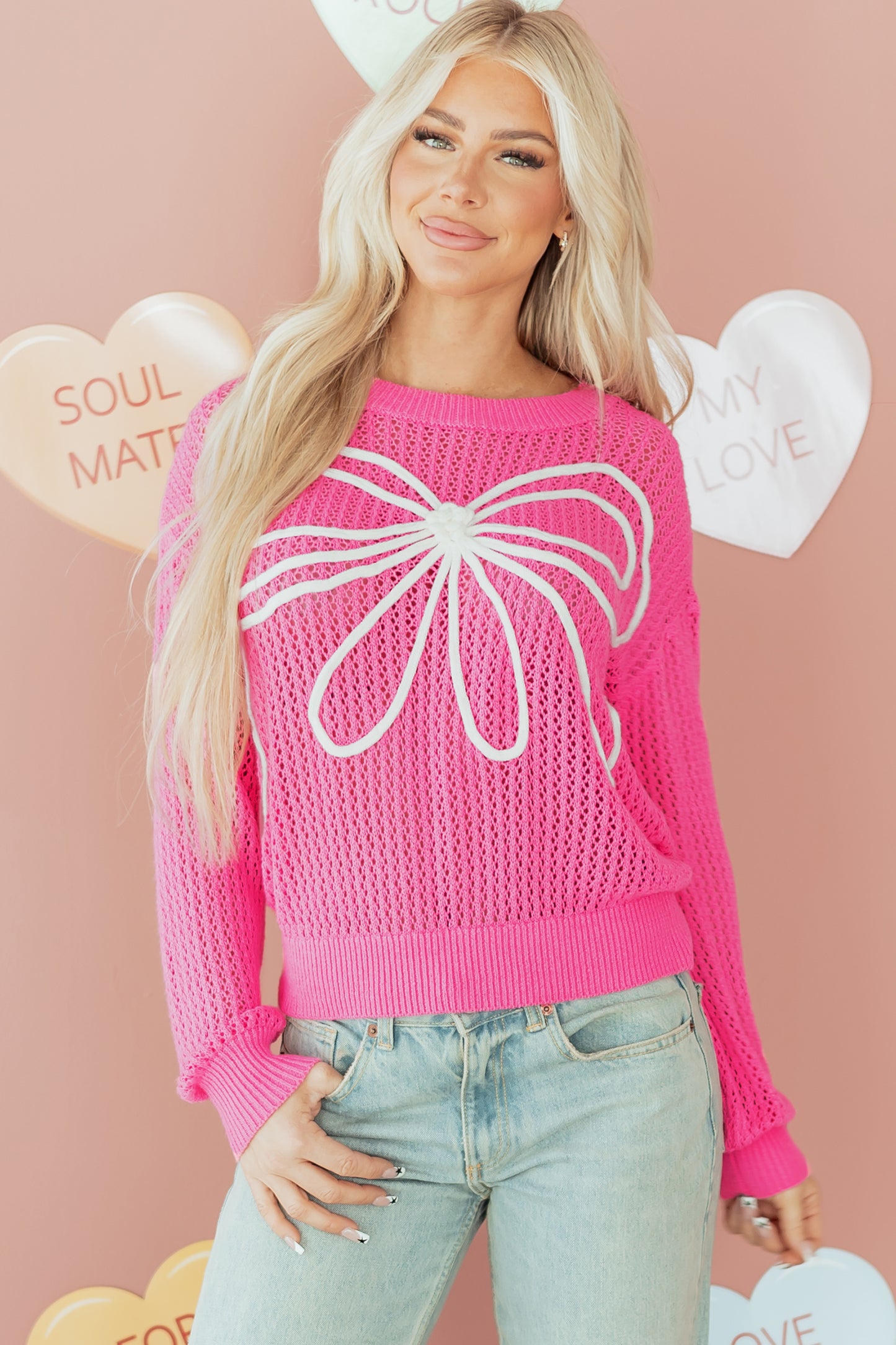 Sachet Pink Sweet Bow Decor Hollow Out Knitted Drop Shoulder Sweater