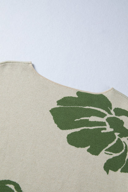 Green Bold Flower Pattern Wide Sleeve Baggy Sweater