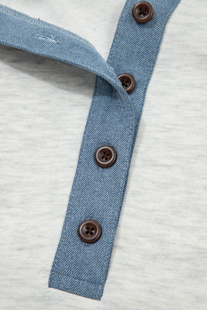 Beige Plus Size Contrast Denim Patchwork Cuffed Sleeve Polo Tee