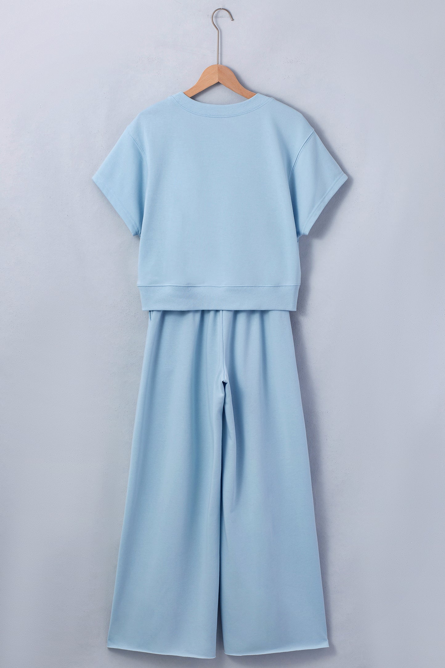 Mist Blue Solid Color Loose Tee Drawstring Wide Leg Pants 2pcs Outfit