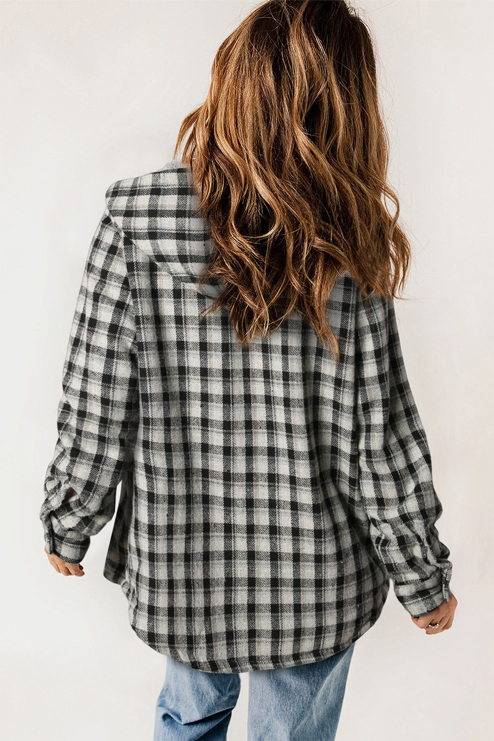 Black Plaid Pattern Sherpa Lined Hooded Shacket