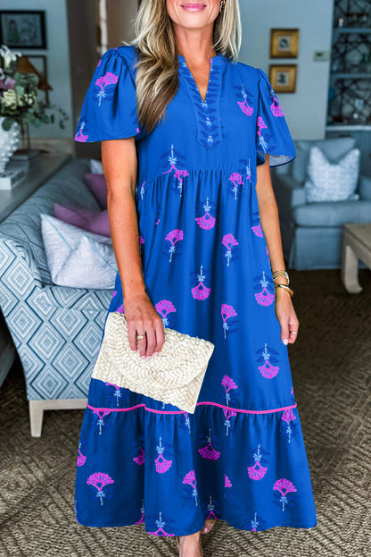 Blue Floral Print Notched Neck Butterfly Sleeve Shift Long Dress