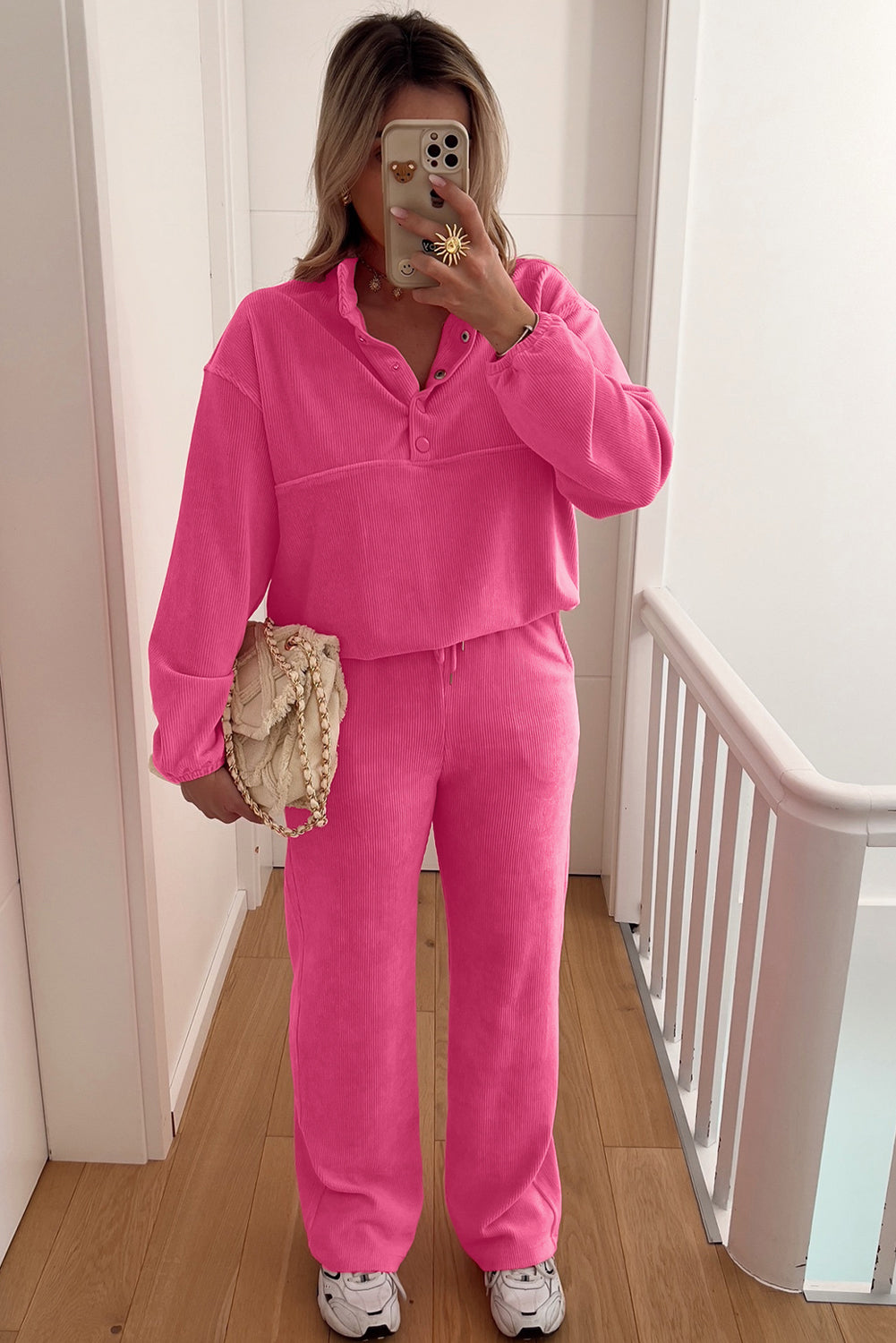 Peach Blossom Half Button Pullover Drawstring Pants Solid Color Corduroy 2pcs Outfit