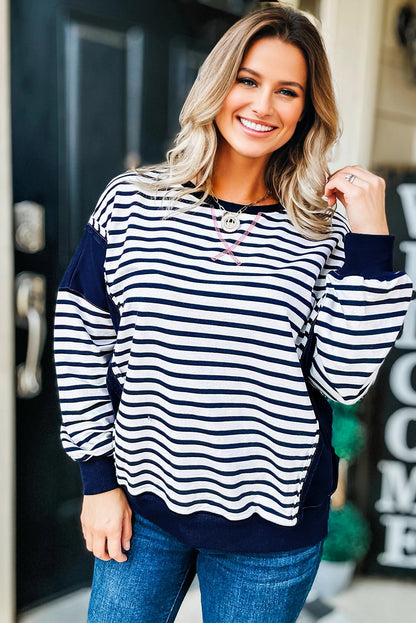 Blue Stripe Contrast Stitched Detail Color Block Patchwork Plus Size Sweatshirt