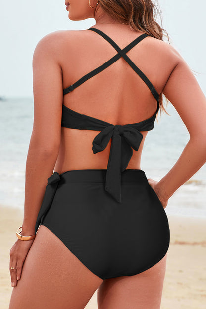 Chicory Coffee Crossed Straps Twisted Tropical Print Knot Side High Waist Bottom 2pcs Swimsuit