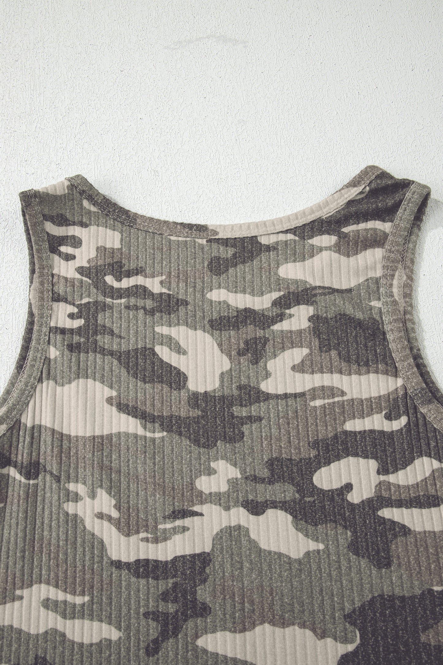 Green Camouflage Print Ribbed Knit Round Neck Tank Top