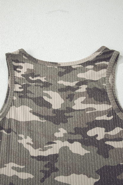 Green Camouflage Print Ribbed Knit Round Neck Tank Top