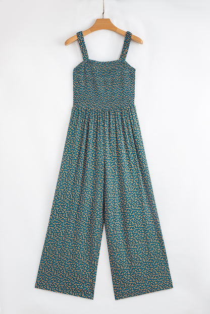 Green Floral Print Smocked High Waist Square Neck Jumpsuit