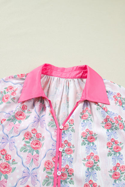 Purple Floral Collared Ruffled Half Sleeve Shirt