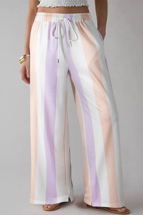Purple Stripe Multicolored Print Drawstring Loose Pants with Side Pockets